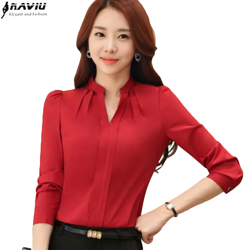 Spring elegant red women shirt formal slim v neck long